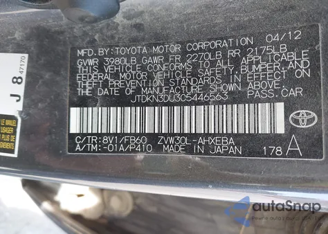 2012 Toyota Prius Two from USA, damaged, VIN JTDKN3DU3C5446563